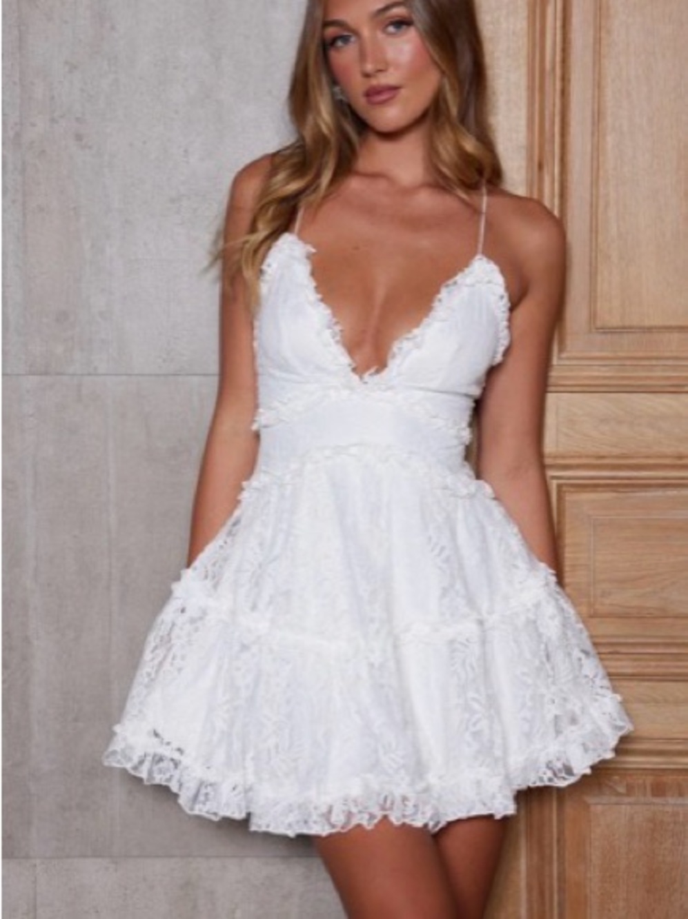Selfie Leslie White Lace V-Neck Spaghetti Strap Mini Dress